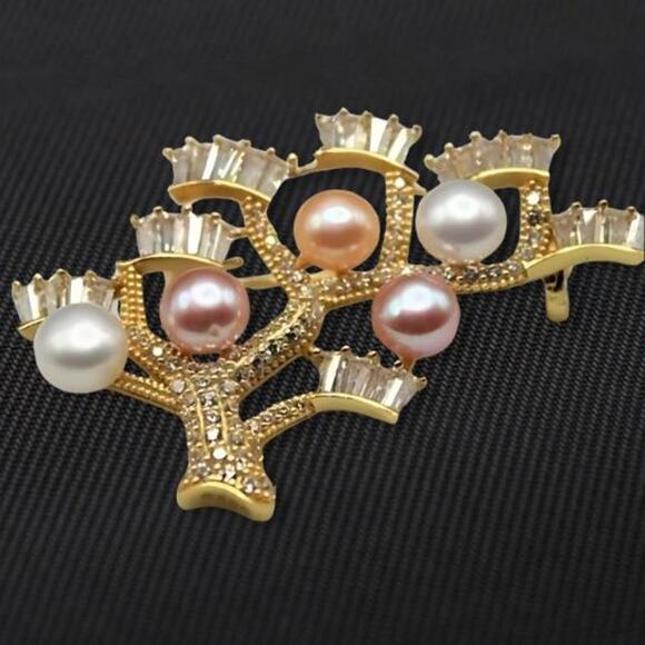 Luxurious Freshwater Pearl Tree Brooch Multi-Bead Cubic Zirconia Gold Plated NWT - Picture 7 of 9